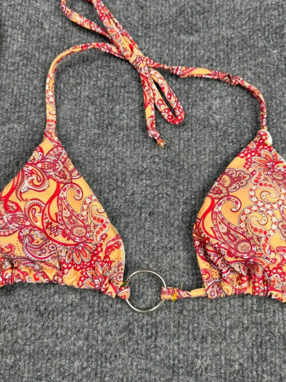 Women's Paisley Triangle Bikini Top Size S Orange Red Boho O-Ring Halter Swim